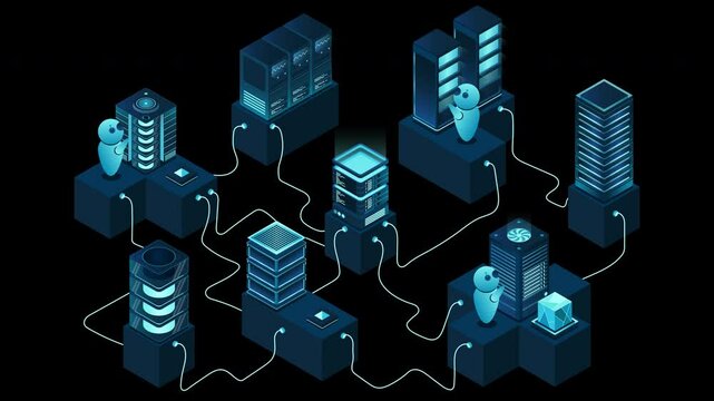 3d isometric concept big data center animation with server. Cloud computing. Network mainframe infrastructure. Isometric high technology concept. Transparent background with alpha channel