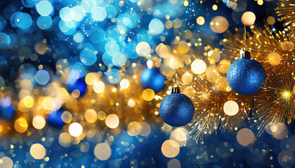 A festive display of sparkling blue ornaments hanging from a glimmering tree against a bright backdrop of golden lights