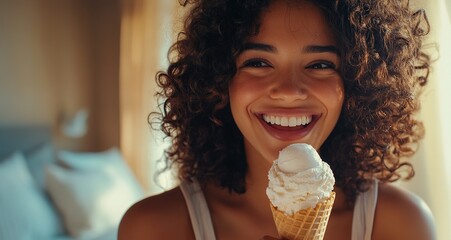A young Black woman with curly hair smiles while sitting on her couch, eating an ice cream cone.
