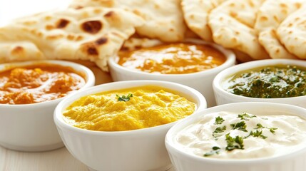 Colorful Variety of Dips with Flatbread on Table