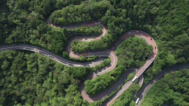 Aerial view of a winding mountain road in Fuji-Hakone Izu National Park, Japan