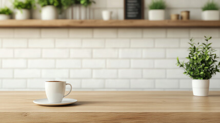 A cozy scene featuring a white coffee cup on a wooden table, surrounded by lush greenery and a rustic brick wall, perfect for a serene coffee time ambiance.