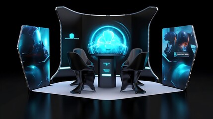 A futuristic conference setup with glowing displays and sleek chairs for presentations.