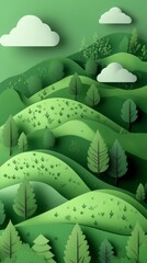 Lush green hills and valleys under a cloudy sky with stylized mountains and trees in a vibrant landscape illustration
