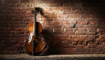 A classical cello resting against a weathered brick wall.
