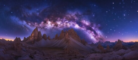 Milky Way Galaxy over a mountain range with a starry night sky.