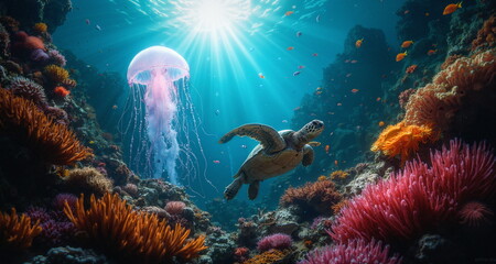 Podwodny świat raf koralowych. Grafika przedstawia bogactwo życia kryjące się w oceanach. Widzimy kolorowe rybki i stworzenia wodne.  Na pierwszym planie znajduje się żółw morski.