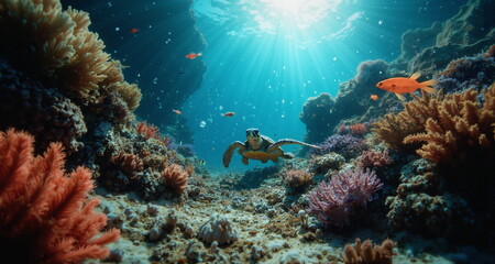 Fototapeta premium Podwodny świat raf koralowych. Grafika przedstawia bogactwo życia kryjące się w oceanach. Widzimy kolorowe rybki i stworzenia wodne. Na pierwszym planie znajduje się żółw morski.
