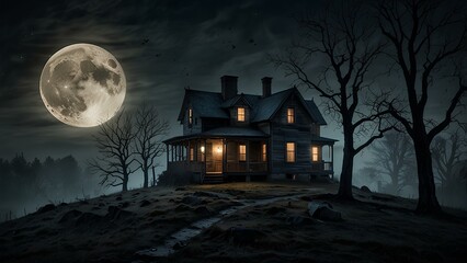 Haunted House on a Hill: Eerie Full Moon and Barren Trees in a Spooky Night Scene