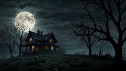 Fototapeta premium Haunted House on a Hill: Eerie Full Moon and Barren Trees in a Spooky Night Scene