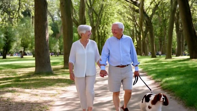 Happy senior couple walking their dog in a sunny park, enjoying retirement and companionship