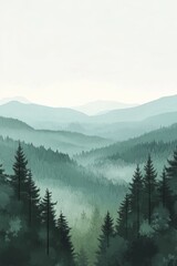 Fototapeta premium Misty green valleys and towering trees create a serene landscape in a temperate forest during early morning light