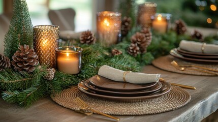 A table with a Christmas tree and pine cones on it
