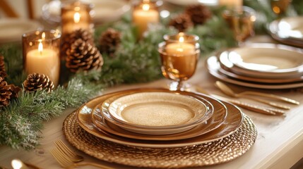 Obraz premium A table with a gold and white tablecloth and a pine tree centerpiece