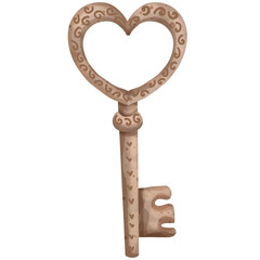 Hand drawn watercolor illustration of a Valentine's Day heart key for use as an illustration.