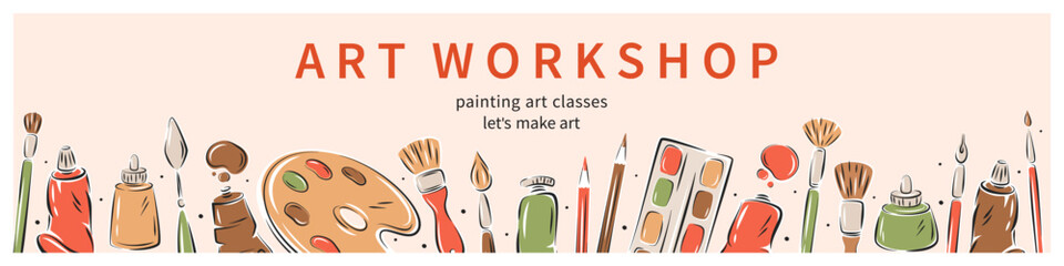 Art workshop. Poster for painting education with autumn leaves. Advertising backdrop with painters stationery. Vector illustration