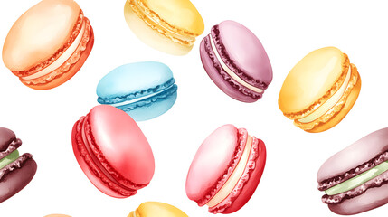 Watercolor seamless pattern of colorful macaroons on a white background
