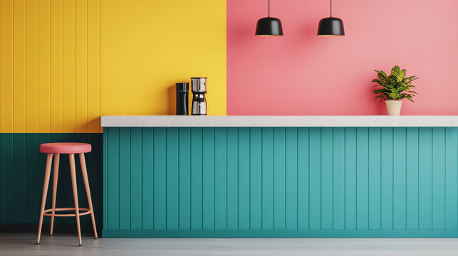 A vibrant kitchen or cafe interior featuring a multi-colored wall design with yellow, pink, and teal accents. A stylish bar counter with a coffee maker and a decorative plant.