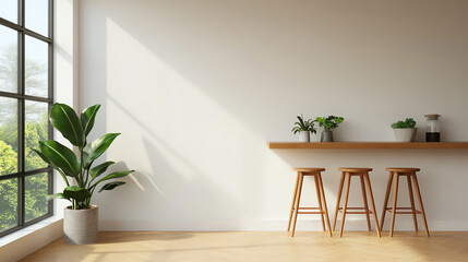 Bright and airy interior featuring a modern wooden bar, natural light streaming through a large window, and decorative plants, creating a serene and inviting atmosphere.