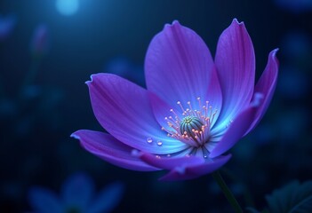 Fototapeta premium Ethereal Night-Blooming Flower: A Stunning 4K Macro Illustration Capturing the Glowing Violet and Blue Petals Under Moonlight with Dewdrops Reflecting Starlight