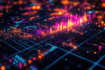 Fototapeta premium A colorful image of a cityscape with a lot of lights and dots