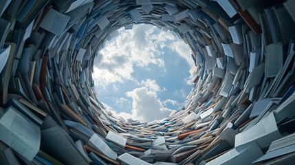 Stack Of Books Forming A Tunnel Leading To Blue Sky And Clouds