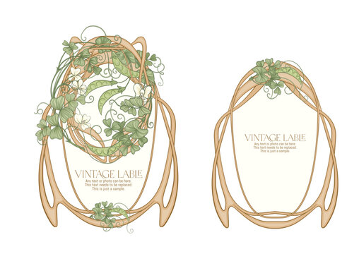 Green peas. Branch with leaves and pods with peas. Border, frame, template for menu page, product label, cosmetic packaging. Vector illustration. In art nouveau style, vintage, old, retro style.