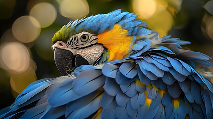 Obraz premium A close-up of a blue and yellow macaw with its head turned to the side. The bird is in focus, while the background is blurred, creating a bokeh effect.