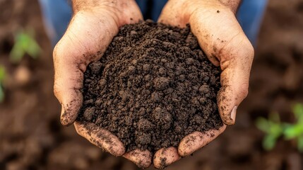 A close-up of hands holding rich, dark soil, emphasizing the texture and fertility important for agriculture and gardening.