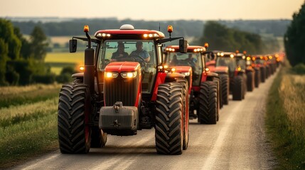 A convoy of red tractors moving along a country road during a golden sunset, showcasing rural agriculture in motion.