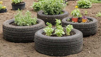 A creative garden view featuring recycled tire planters filled with various plants and herbs, showcasing sustainable gardening.