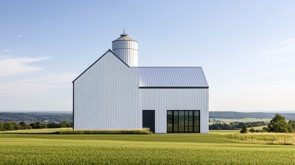 A modern white barn set in a lush green field, surrounded by rolling hills under a clear blue sky, showcasing rural tranquility.