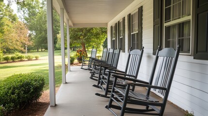 A peaceful porch scene featuring classic rocking chairs under a shaded area, perfect for relaxation and leisure.