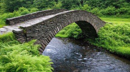 Fototapeta premium A picturesque stone bridge arching gracefully over a serene stream, surrounded by lush greenery and vibrant nature.