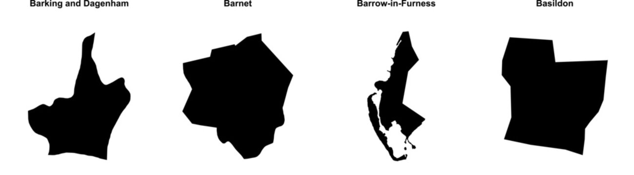 Barking and Dagenham, Barnet, Barrow-in-Furness, Basildon outline maps