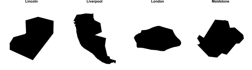 Lincoln, Liverpool, London, Maidstone outline maps