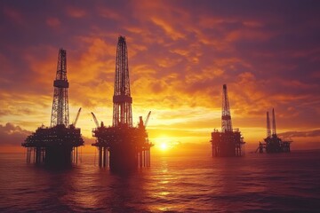 Obraz premium A sunset over the ocean with four oil rigs in the background