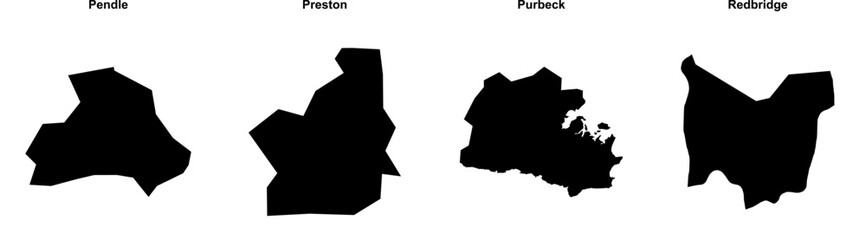 Pendle, Preston, Purbeck, Redbridge outline maps