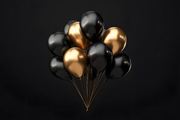 3d golden birthday balloons on black background. Birthday card with copy space