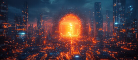Obraz premium Futuristic cityscape with a glowing portal in the distance.