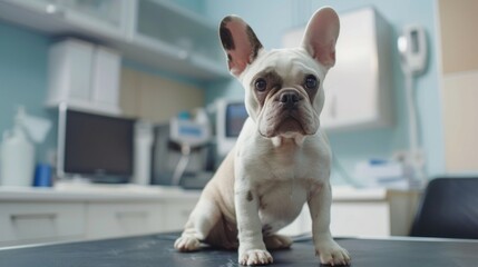 A small white and brown dog is sitting on a black table in a room