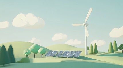 Obraz premium A minimalist 3D cartoon scene of a compact renewable energy farm, featuring a small row of solar panels and one large wind turbine, set on a flat, green landscape, with clean, bright colors