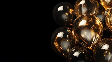 3d golden balloons frame on black background. Birthday card with copy space