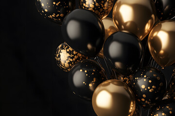 3d golden balloons frame on black background. Birthday card with copy space