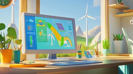 A lively 3D cartoon-style office with a large digital monitor tracking renewable energy data, with cute, vibrant icons representing solar and wind power, cartoon-style solar panels and wind turbines