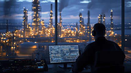 A worker in a control room overlooking a large industrial facility at night.
