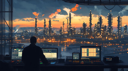 A man sits in a control room overlooking a large industrial complex at sunset.