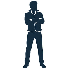 Obraz premium Vector image on transparent background of a silhouette of a single person standing with arms crossed, looking thoughtful