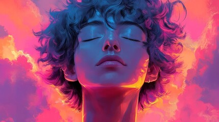 Naklejka premium Calm and Colorful Male​ Portrait with Neon Lights