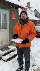 Fototapeta premium A man in a bright orange jacket and a black beanie holds a clipboard in a snowy environment.